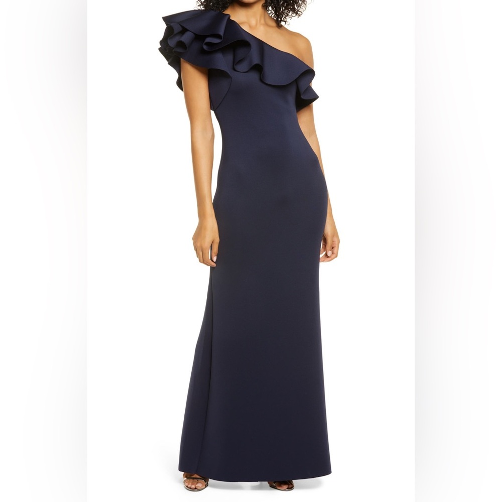 Eliza J Ruffled One-Shoulder Gown , Mother of the Bride, Navy